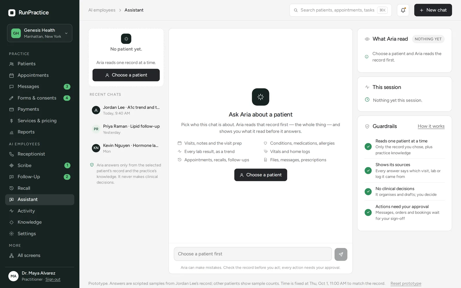 RunPractice app: Practice Assistant — ask Aria about a patient