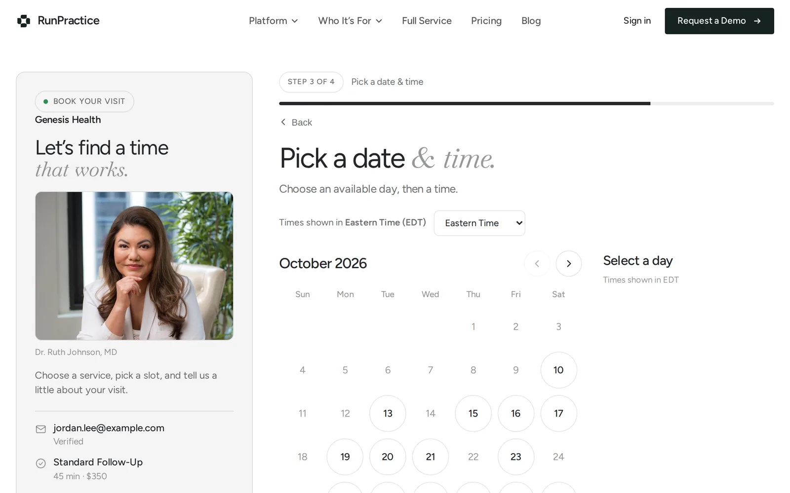 RunPractice website: the Book Your Visit page, picking a date and time