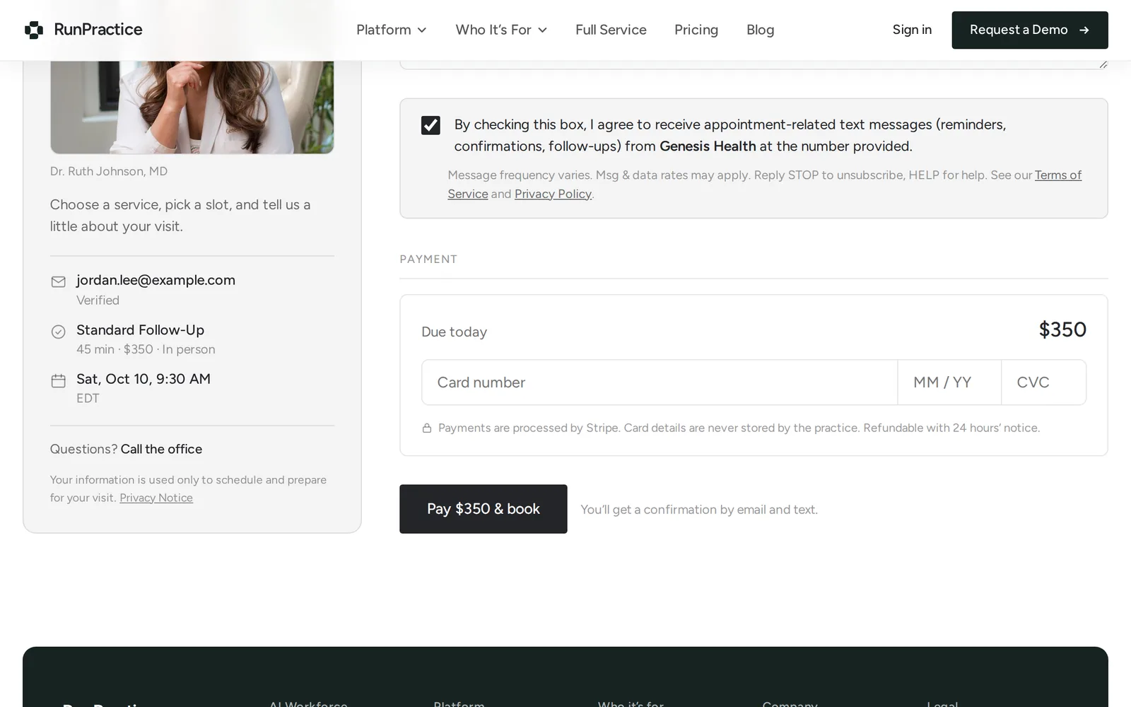 RunPractice website: paying for a visit on the Book Your Visit page