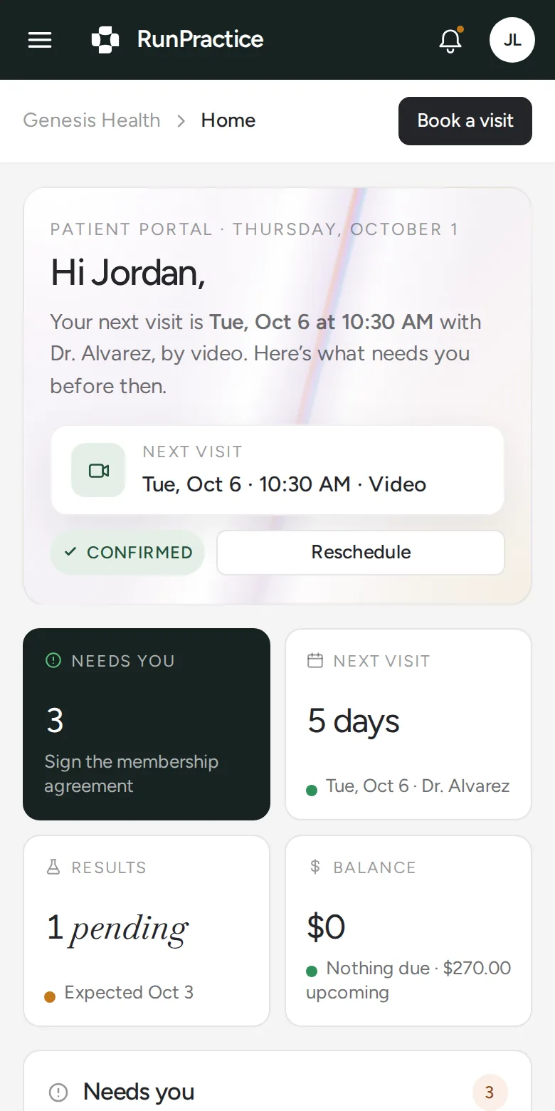 RunPractice patient portal on a phone