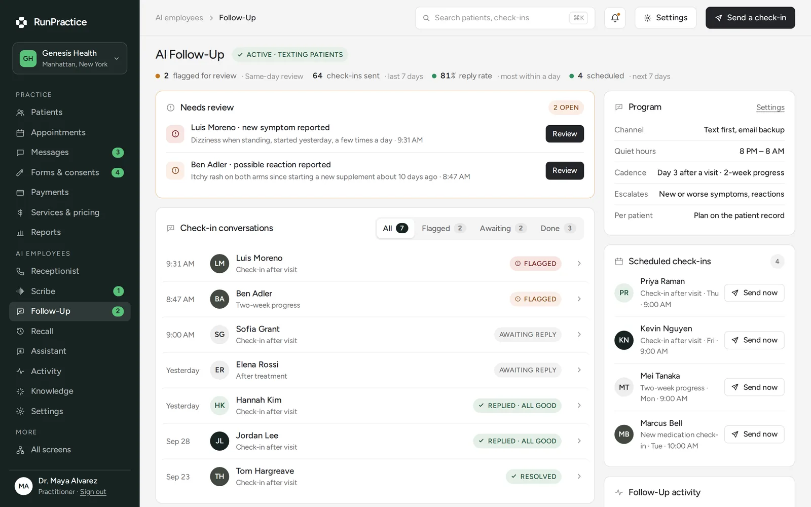 RunPractice app: AI Follow-Up workspace