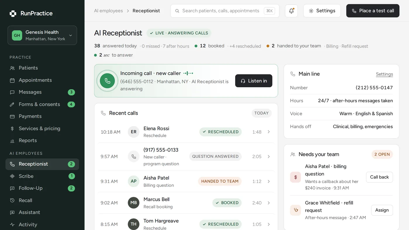 RunPractice app: AI Receptionist workspace